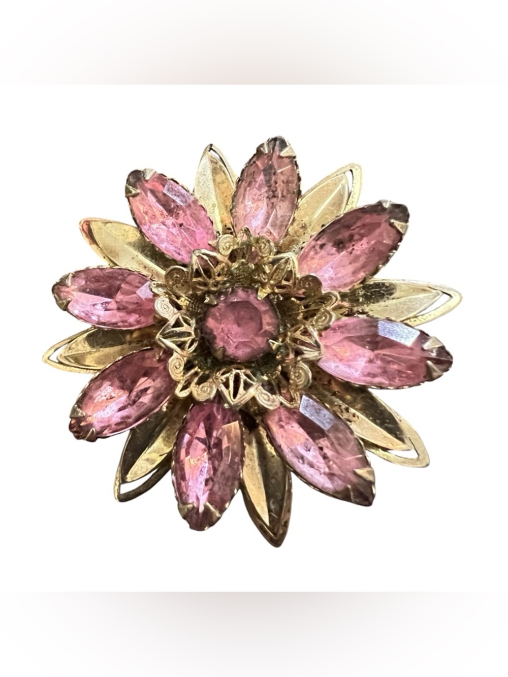 Pink Marquise Rhinestone Gold-Tone  Crystal Flower Brooch Lightweight Worn Back